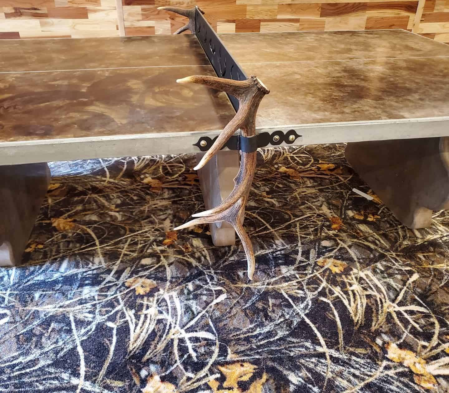 Custom Elk Antler Concrete Ping Pong Table at Hunting Lodge