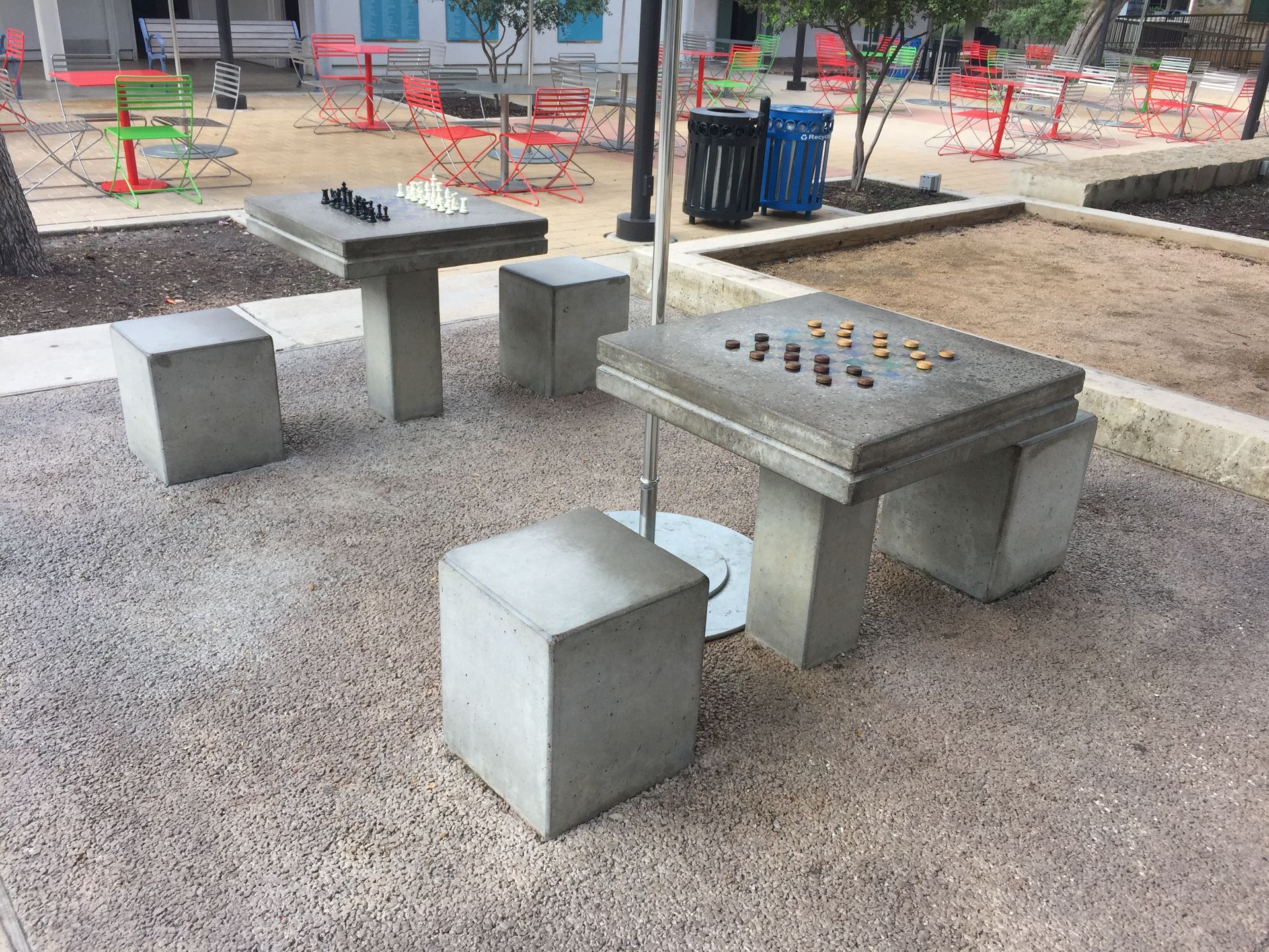 Custom Concrete Chess Tables with Mardi Gras Glas