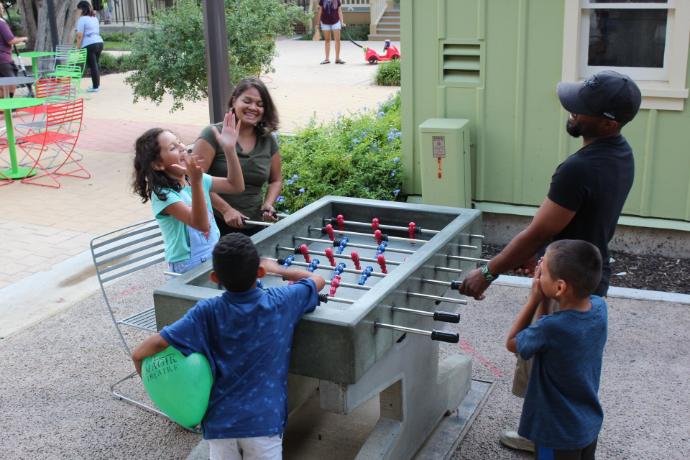 School playground with concrete foosball table