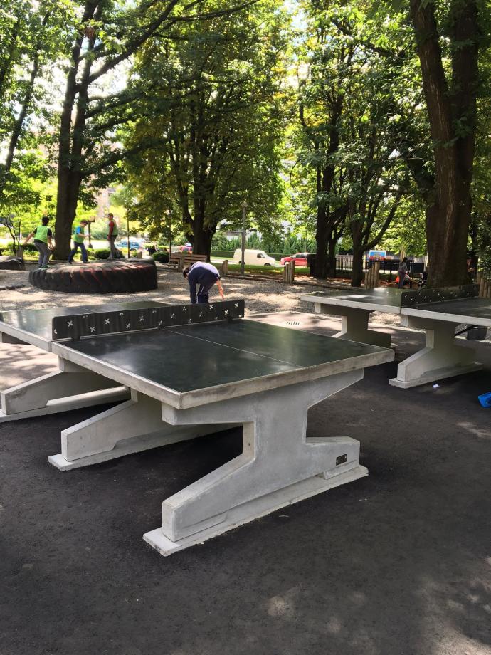 Pocket Park with concrete ping pong tables