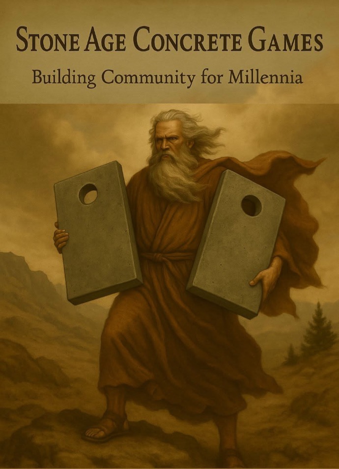 Moses with concrete cornhole boards “tablets”