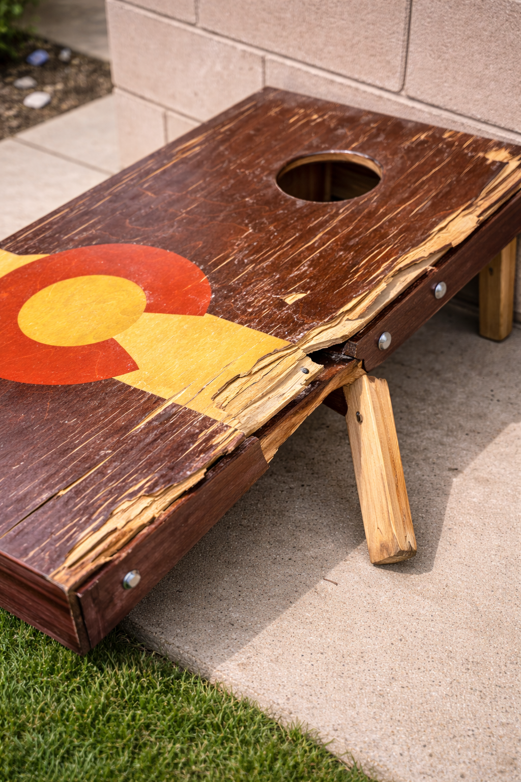 broken wood cornhole board
